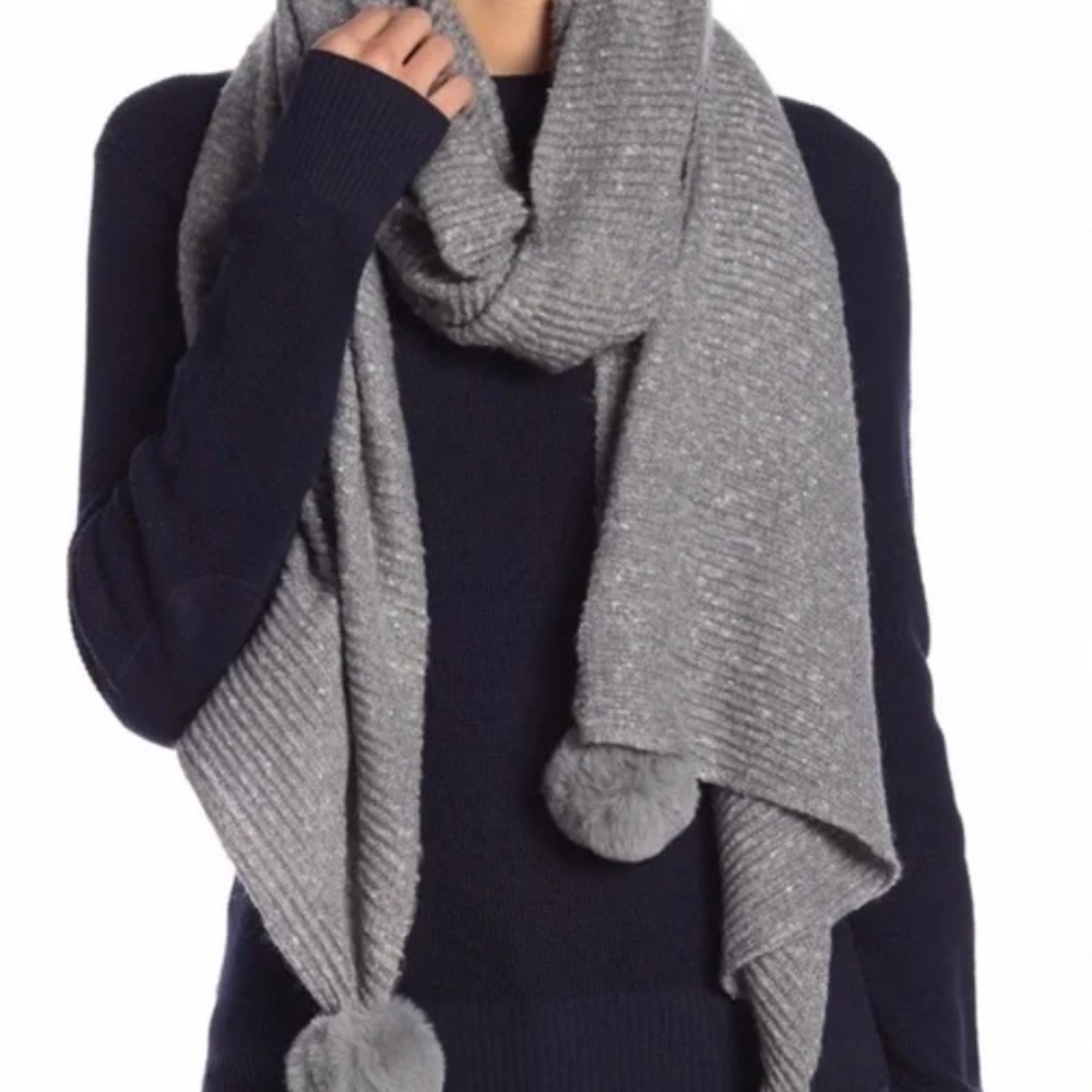 Michael Stars Heather Gray Knit Scarf Pom Poms